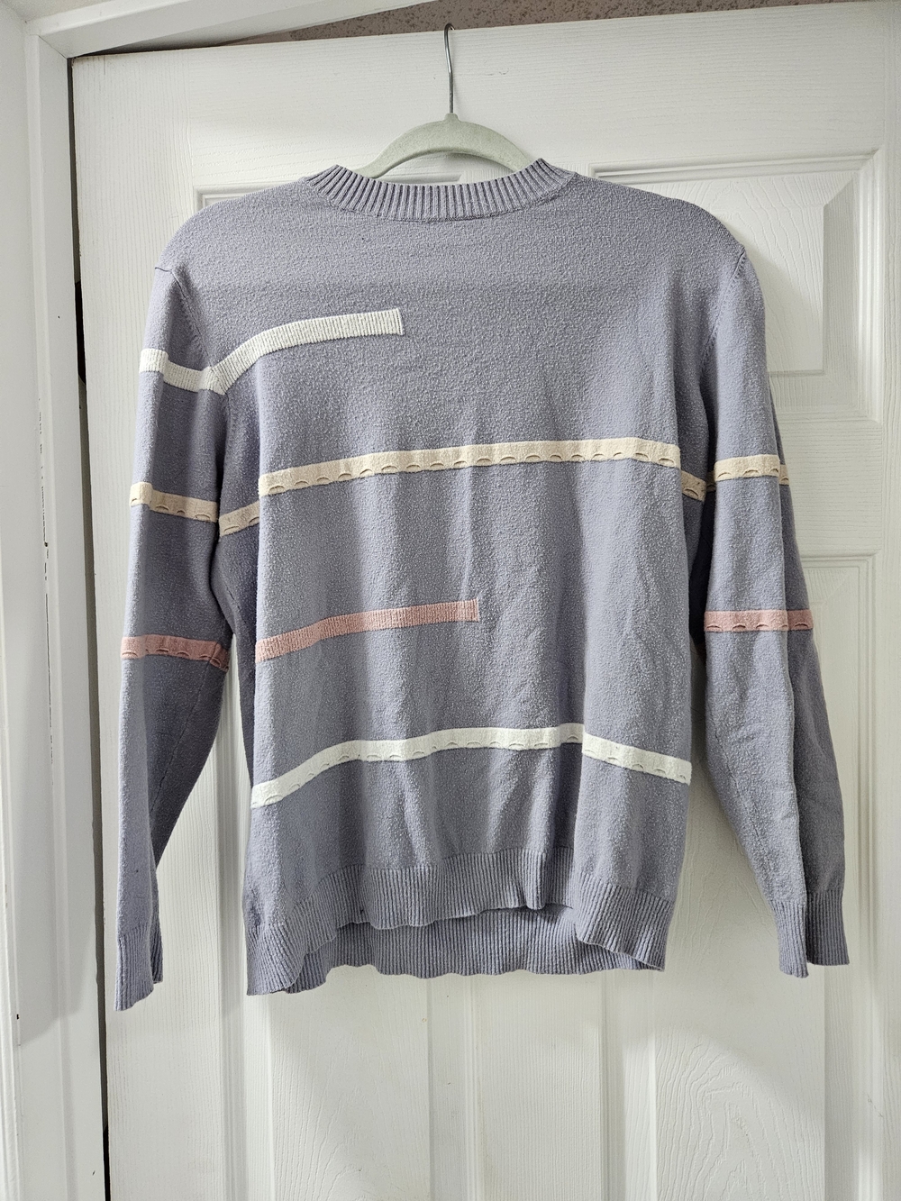 Women's Lavender Crewneck Sweater with Cream & Pink Stripes